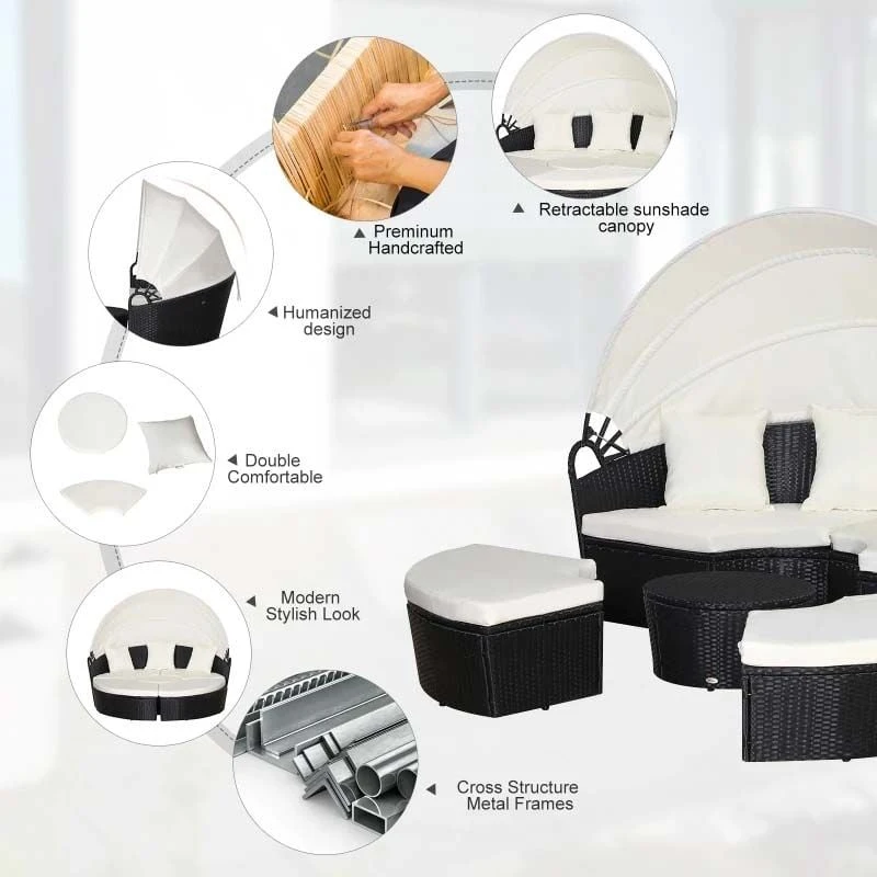 Outsunny 4-Seater Rattan Garden Day Bed With Canopy - Black/Beige - 862-021V70BK - Image 5