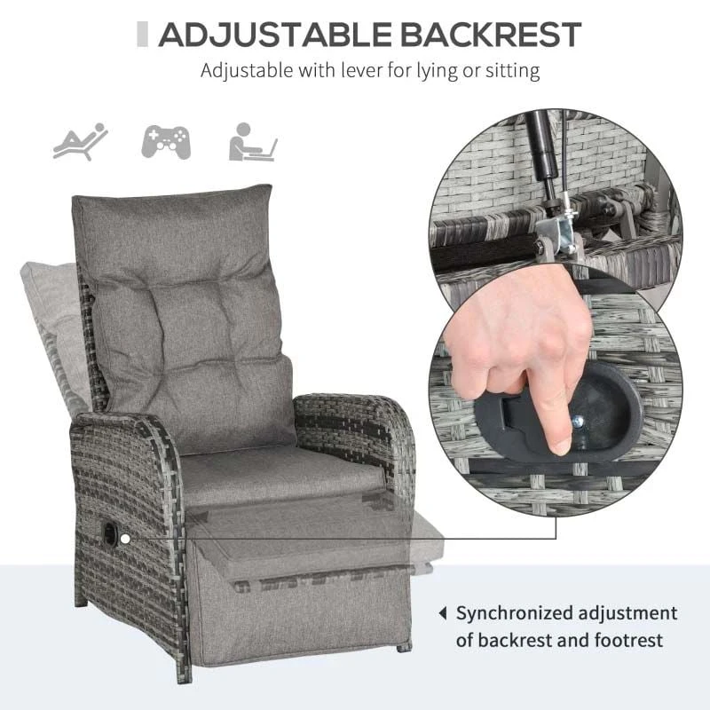 Outsunny 2-Seater Rattan Reclining Sun Lounger Set - Reclining - Grey - 862-032V70 - Image 5