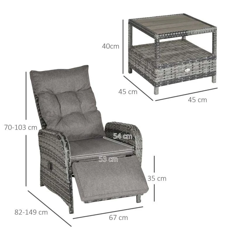 Outsunny 2-Seater Rattan Reclining Sun Lounger Set - Reclining - Grey - 862-032V70 - Image 3