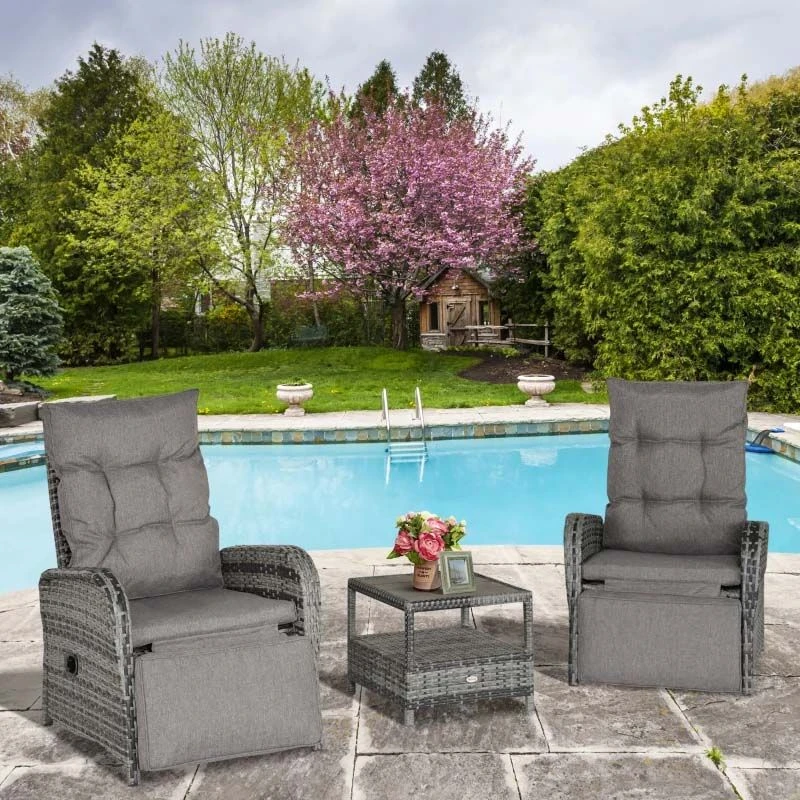 Outsunny 2-Seater Rattan Reclining Sun Lounger Set - Reclining - Grey - 862-032V70 - Image 9