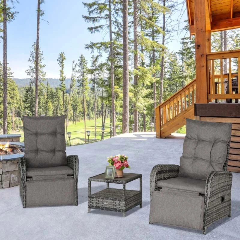 Outsunny 2-Seater Rattan Reclining Sun Lounger Set - Reclining - Grey - 862-032V70