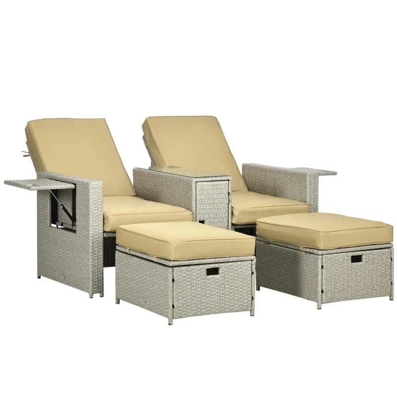 Outsunny 5 Piece Rattan Sun Lounger Set - Beige - 862-067V71BG - Image 2