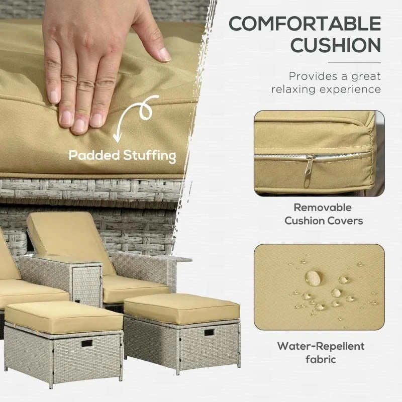 Outsunny 5 Piece Rattan Sun Lounger Set - Beige - 862-067V71BG - Image 5