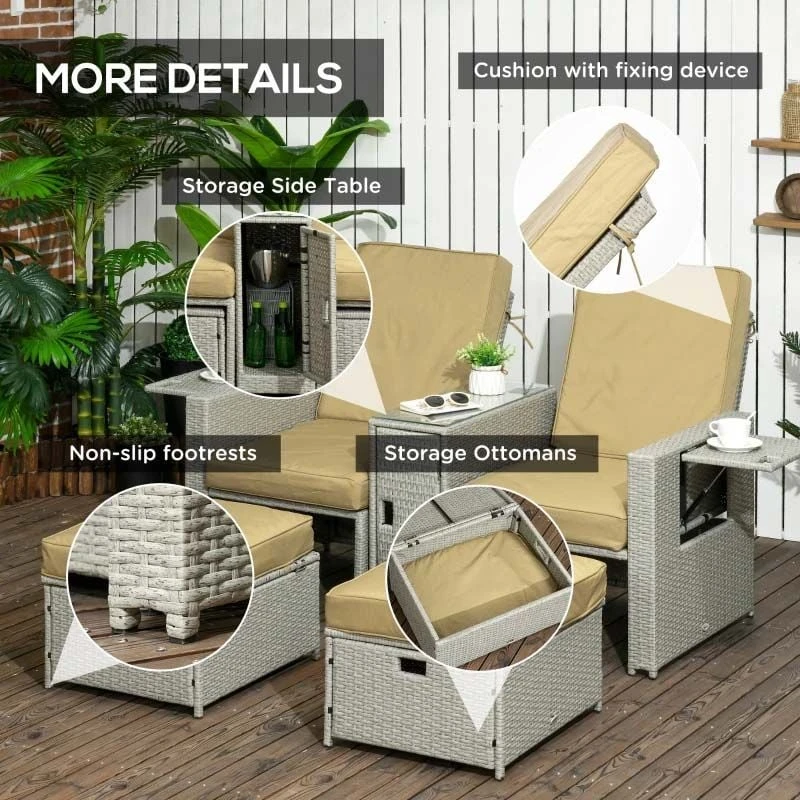 Outsunny 5 Piece Rattan Sun Lounger Set - Beige - 862-067V71BG - Image 7