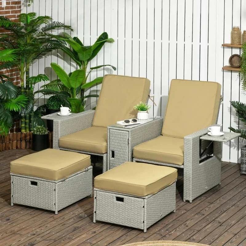 Outsunny 5 Piece Rattan Sun Lounger Set - Beige - 862-067V71BG