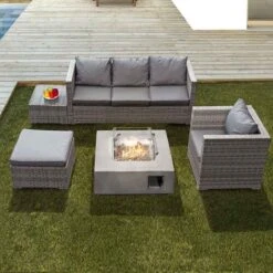 OseasonsĀ® Acorn Rattan 5 Seat Lounge Sofa Set With GRC Firepit - Dove Grey - 106898