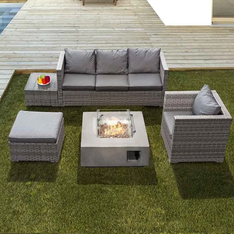 Oseasons® Acorn Rattan 5 Seat Lounge Sofa Set With GRC Firepit - Dove Grey - 106898