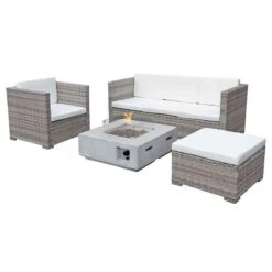 Oseasons® Acorn Rattan 5 Seat Lounge Sofa Set With GRC Firepit - Dove Grey/White - 107058