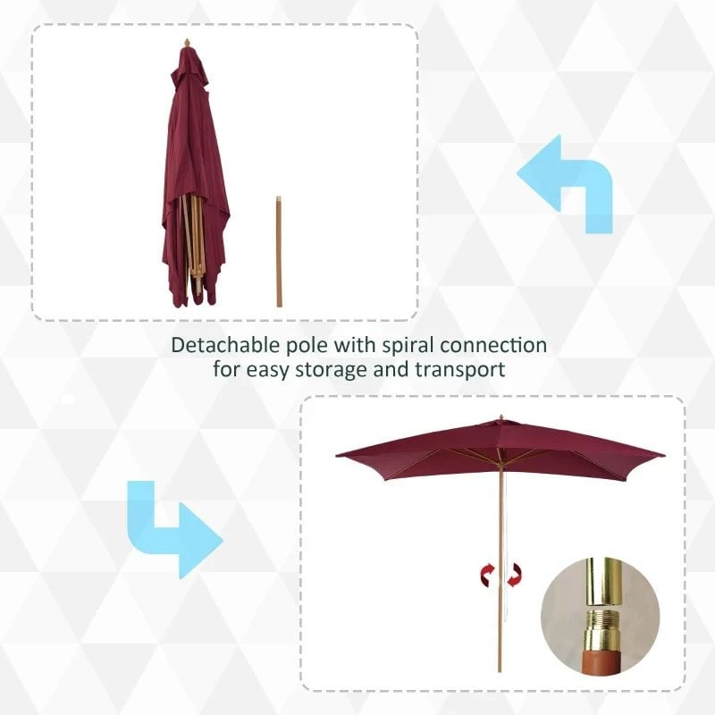 Outsunny 3x2m Wooden Garden Parasol - Wine Red - 01-0581 - Image 10