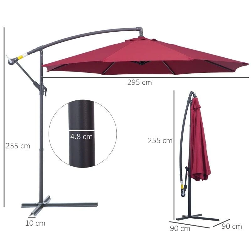 Outsunny 3m Water Resistant Terylene Hanging Parasol - Wine Red - 01-0584 - Image 9