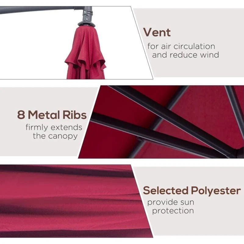 Outsunny 3m Water Resistant Terylene Hanging Parasol - Wine Red - 01-0584 - Image 5
