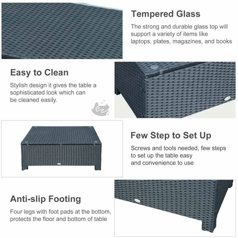 Outsunny Rattan Coffee Table With Glass Table Top - 850mm - Black - 01-0722 - Image 5