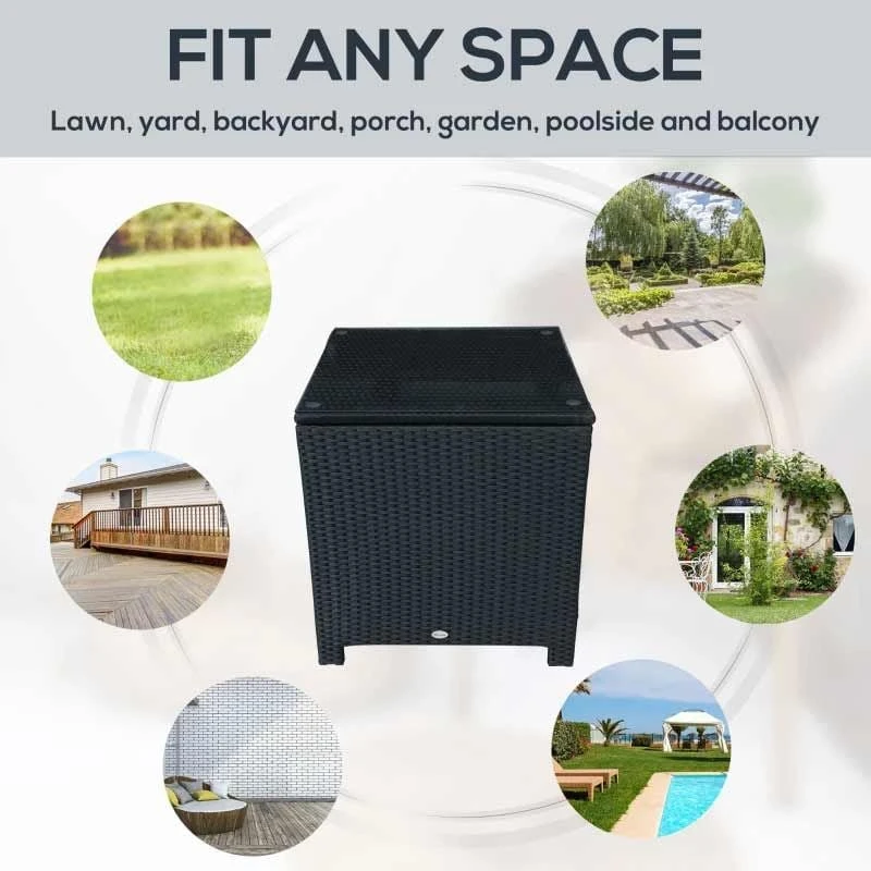 Outsunny Rattan Side Table With Glass Table Top - 640mm - Black - 01-0724 - Image 4