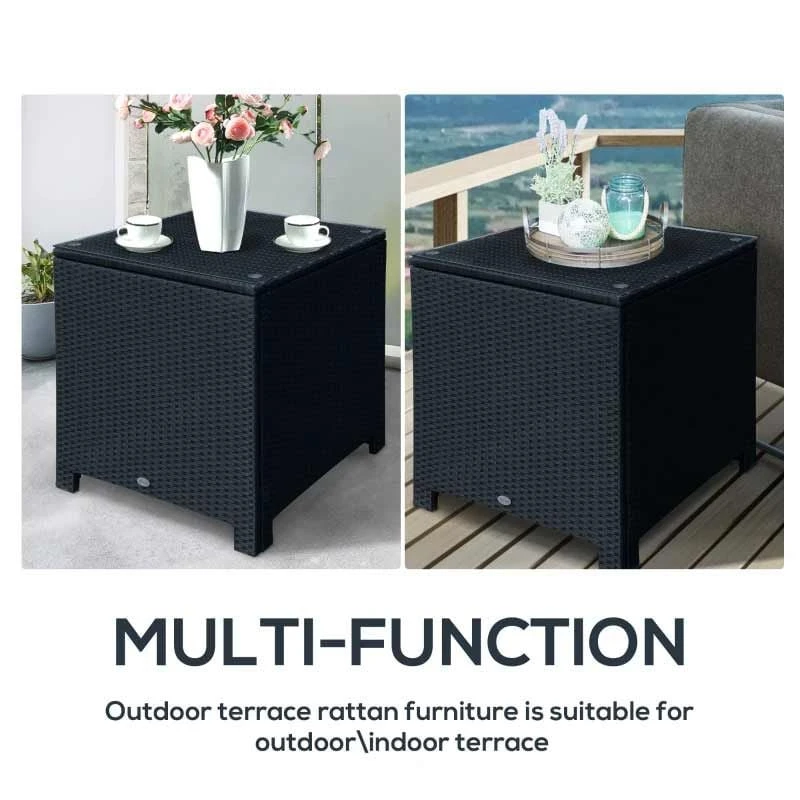 Outsunny Rattan Side Table With Glass Table Top - 640mm - Black - 01-0724 - Image 5