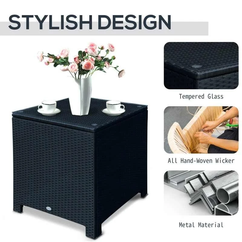 Outsunny Rattan Side Table With Glass Table Top - 640mm - Black - 01-0724 - Image 7