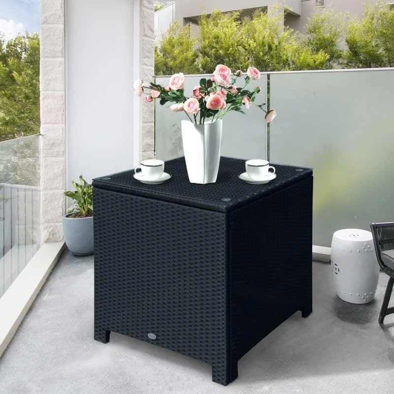 Outsunny Rattan Side Table With Glass Table Top - 640mm - Black - 01-0724
