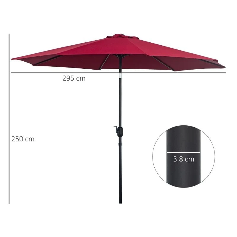 Outsunny 3m Patio Parasol With Tilt And Crank - Wine Red - 840-070WR - Image 9