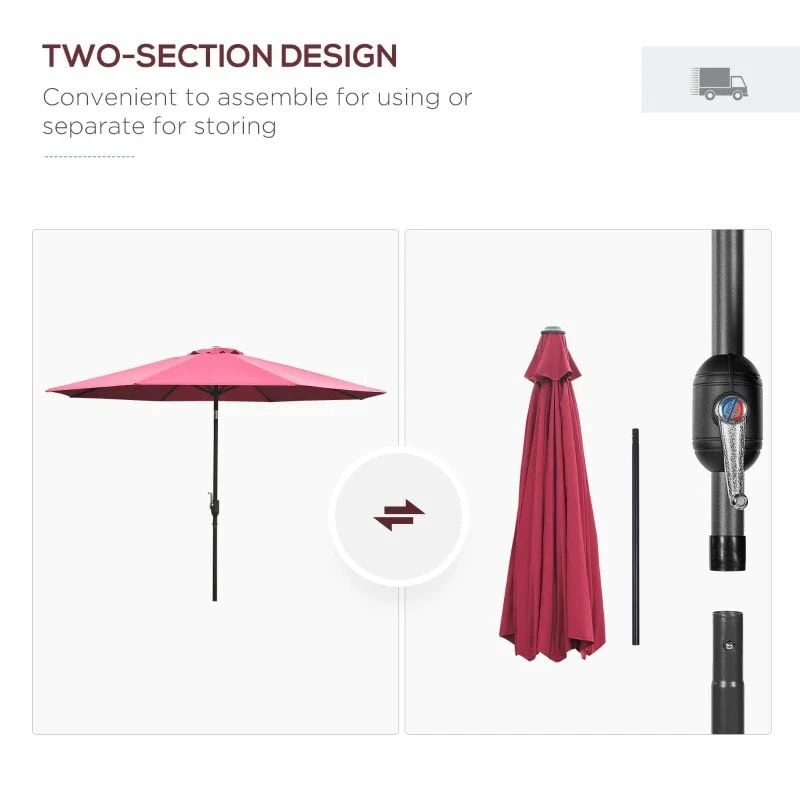 Outsunny 3m Patio Parasol With Tilt And Crank - Wine Red - 840-070WR - Image 7
