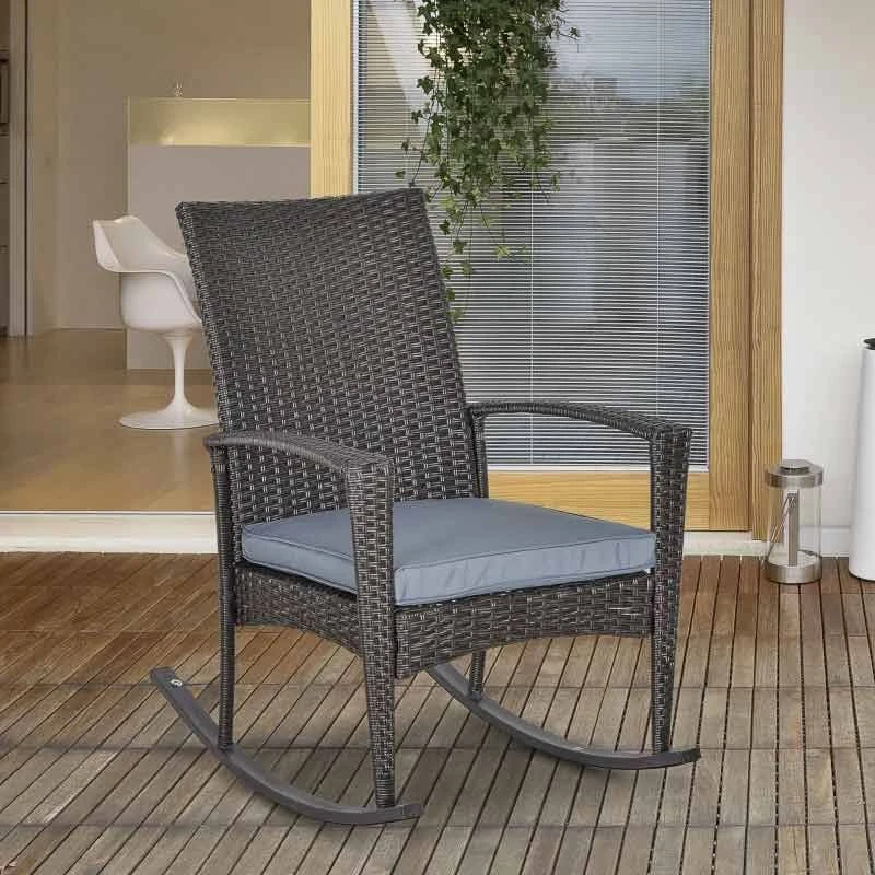 Outsunny Rattan Garden Rocking Chair With Cushion - Grey - 841-146 - Image 2