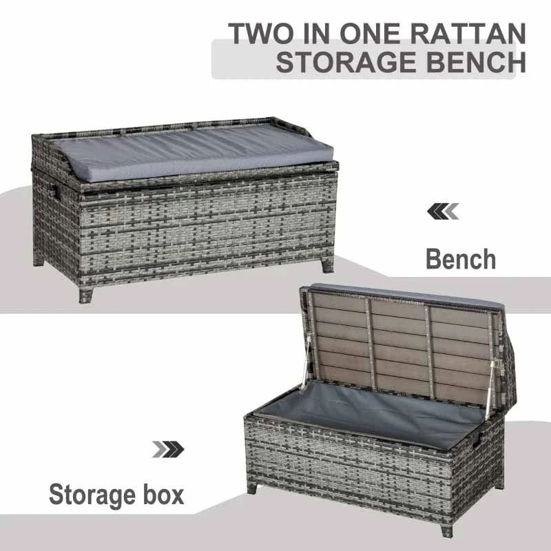 Outsunny Rattan Garden Bench With Storage And Cushion - Grey - 841-153V70 - Image 9