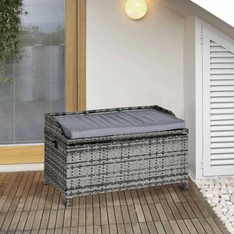 Outsunny Rattan Garden Bench With Storage And Cushion - Grey - 841-153V70 - Image 2
