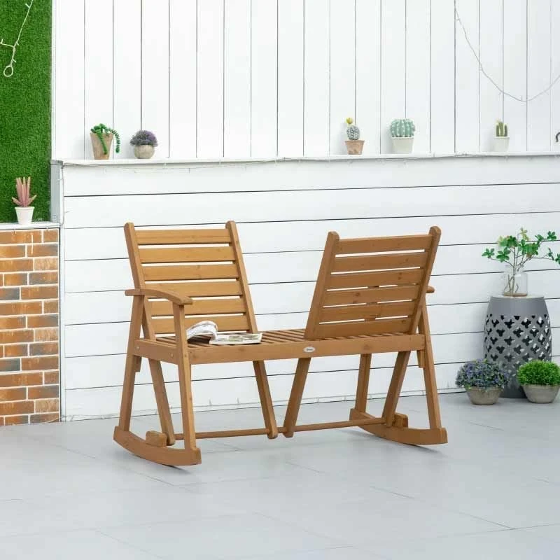 Outsunny 2-Seat Wooden Adjustable Rocking Garden Bench - Brown - 84B-641 - Image 2
