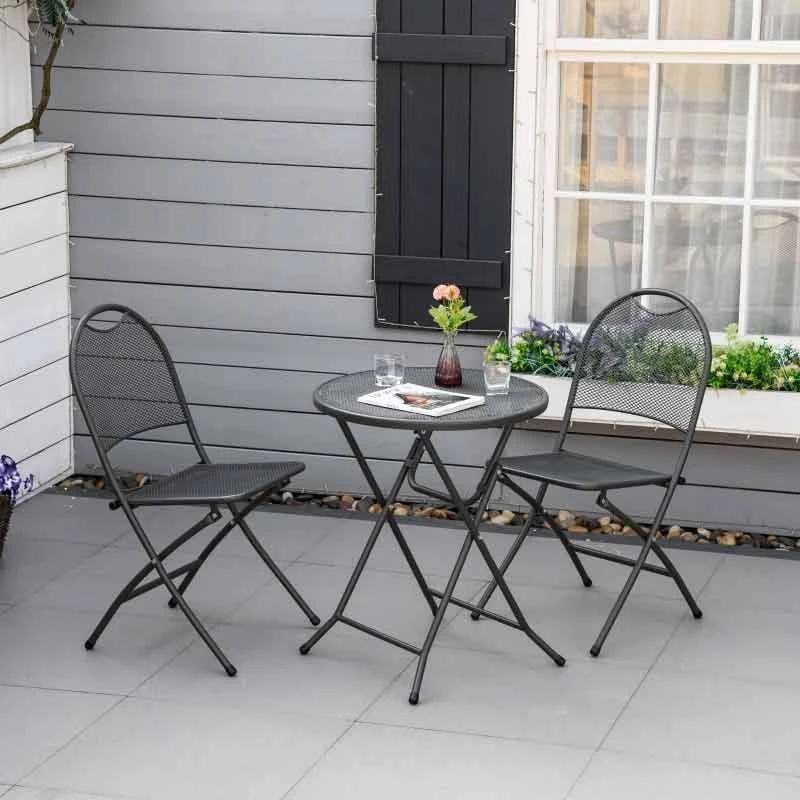 Outsunny 3 Piece Mesh Metal Bistro Set With Foldable Design - Black - 84B-707