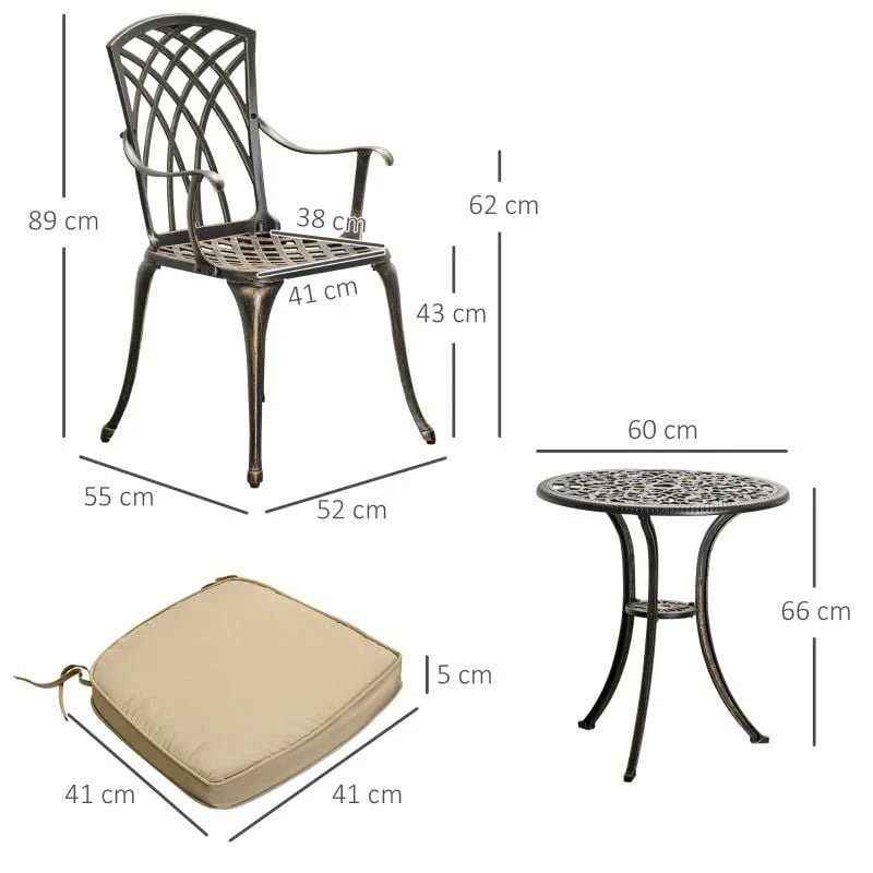 Outsunny 3 Piece Cast Aluminium Garden Bistro Set With Cushions - Bronze - 84B-784 - Image 8