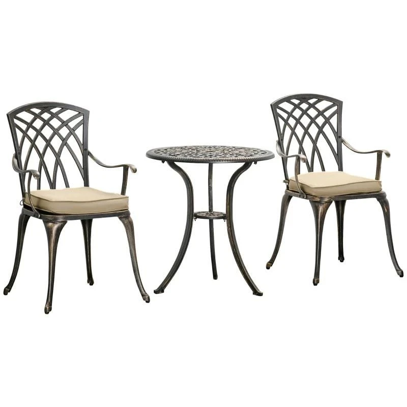 Outsunny 3 Piece Cast Aluminium Garden Bistro Set With Cushions - Bronze - 84B-784 - Image 2