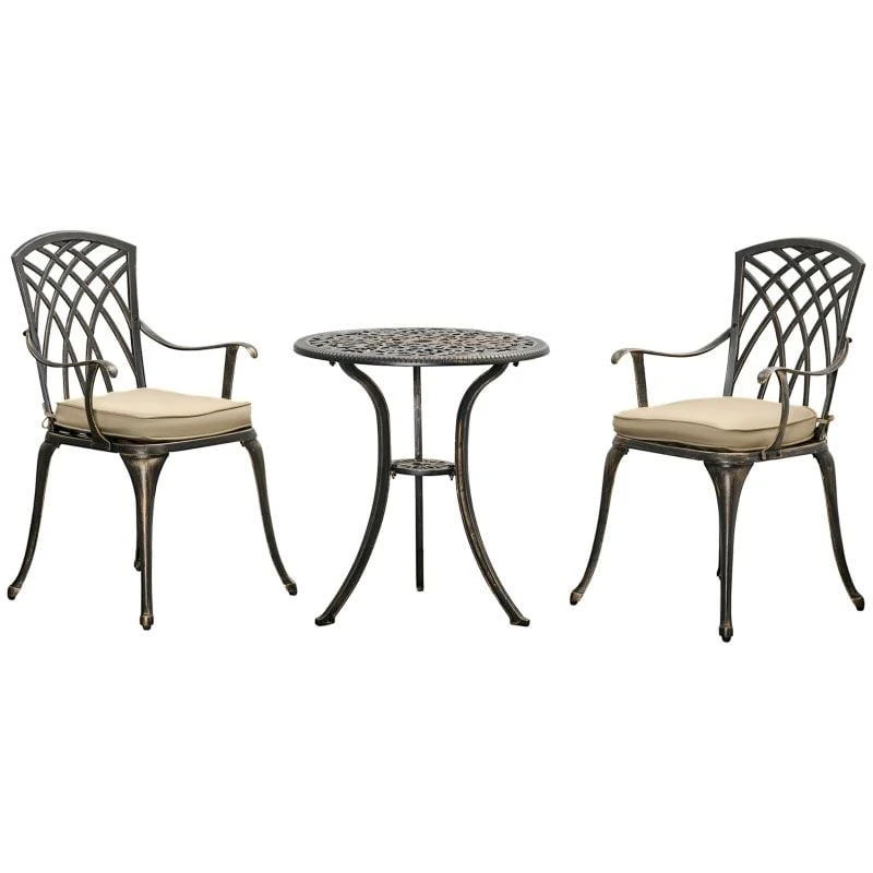 Outsunny 3 Piece Cast Aluminium Garden Bistro Set With Cushions - Bronze - 84B-784 - Image 10