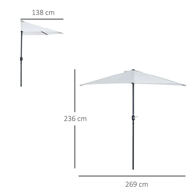 Outsunny 2.7m Half Round Umbrella Parasol - Cream - 84D-007CW - Image 3