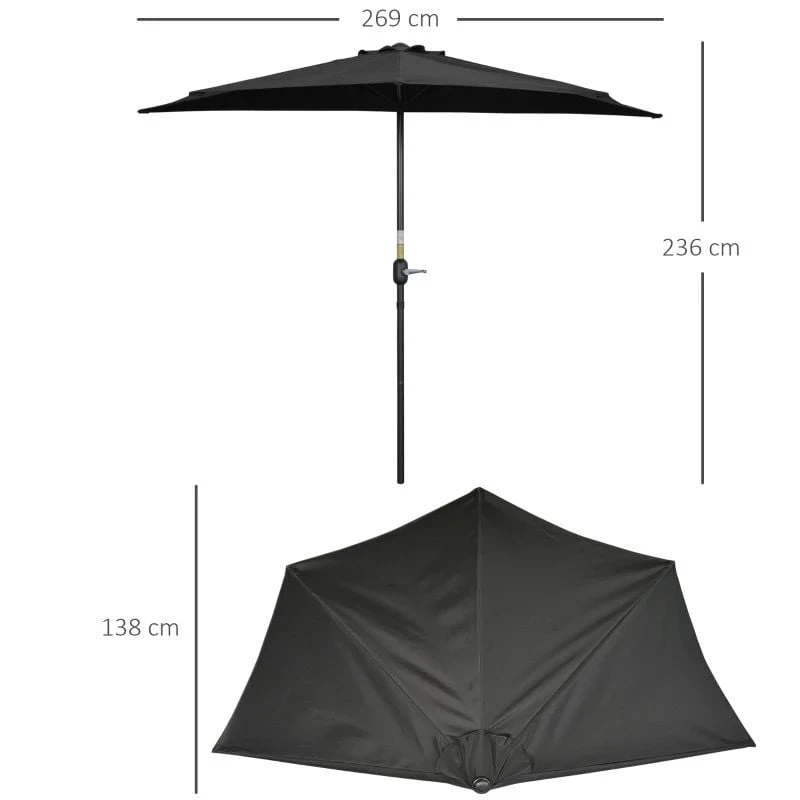 Outsunny 2.7m Balcony Half Parasol 5 Steel Ribs - Black - 84D-007V00BK - Image 10