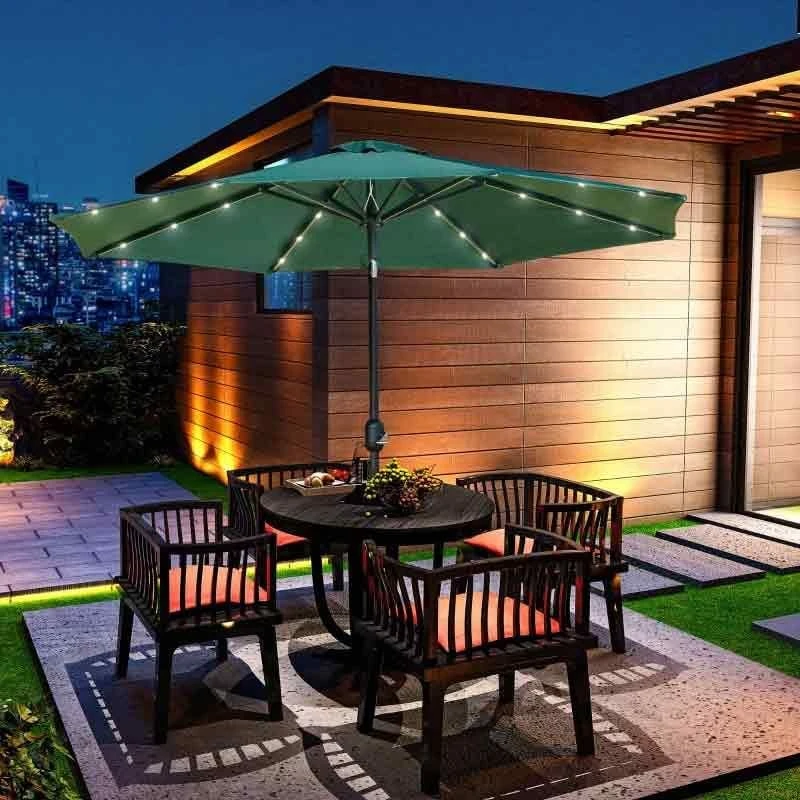 Outsunny 2.7m LED Patio Parasol With Push Button Tilt Crank & 8 Rib - Green - 84D-018GN