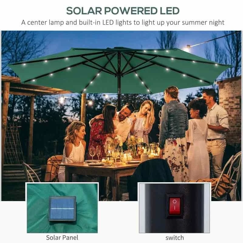 Outsunny 2.7m LED Patio Parasol With Push Button Tilt Crank & 8 Rib - Green - 84D-018GN - Image 4