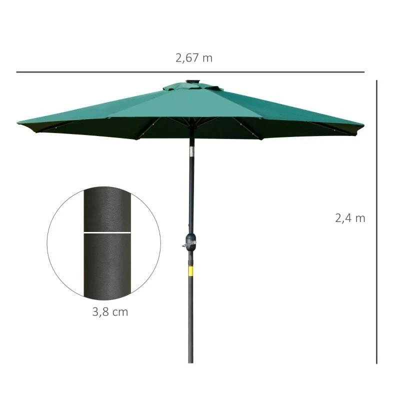 Outsunny 2.7m LED Patio Parasol With Push Button Tilt Crank & 8 Rib - Green - 84D-018GN - Image 3