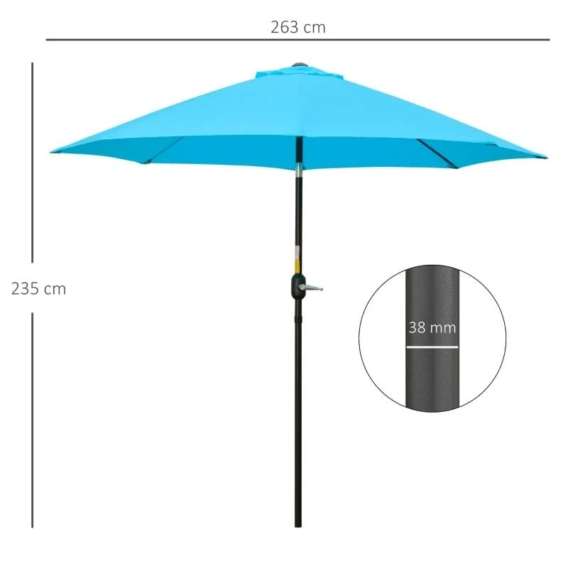 Outsunny 2.6m Tilt Patio Parasol With Crank 8 Ribs - Blue - 84D-023V00BU - Image 10