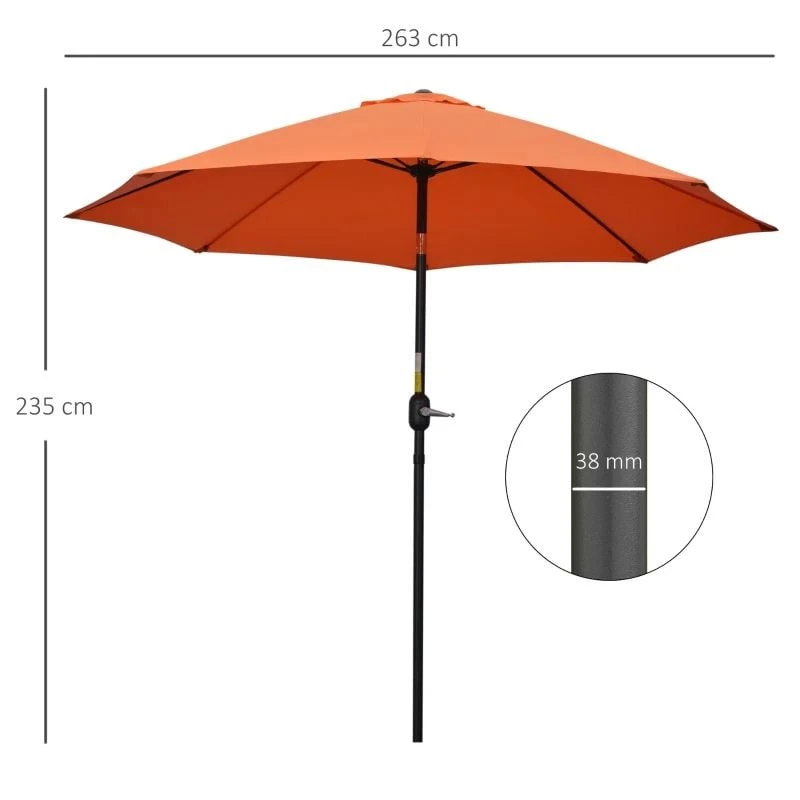 Outsunny 2.6m Tilt Patio Parasol With Crank 8 Ribs - Orange - 84D-023V00OG - Image 9