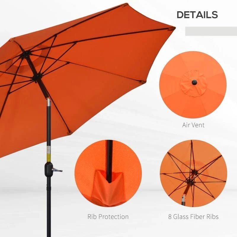 Outsunny 2.6m Tilt Patio Parasol With Crank 8 Ribs - Orange - 84D-023V00OG - Image 6