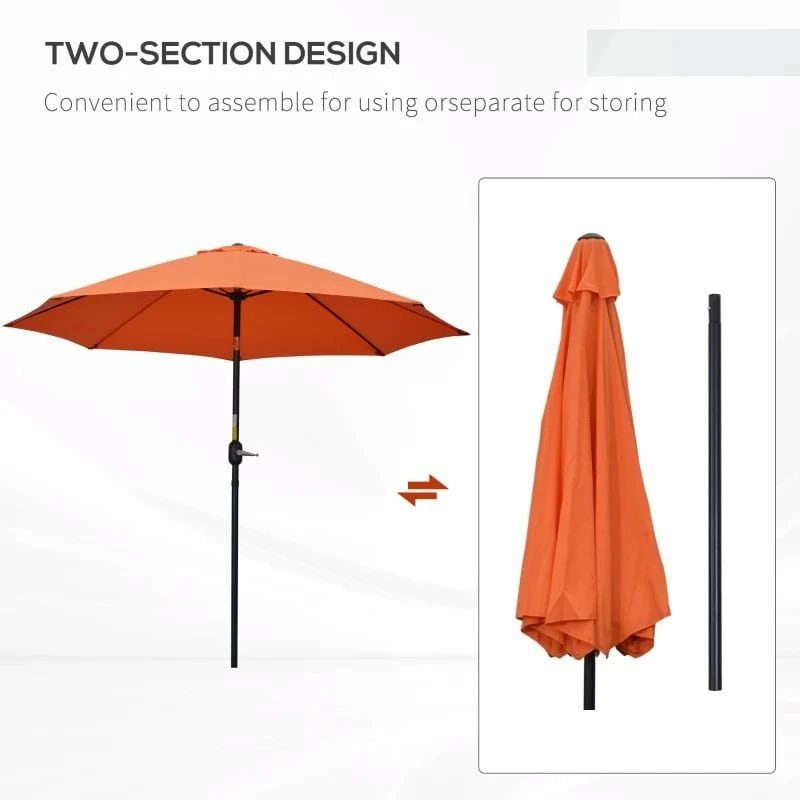 Outsunny 2.6m Tilt Patio Parasol With Crank 8 Ribs - Orange - 84D-023V00OG - Image 5