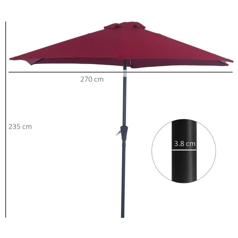 Outsunny 2.7m Patio Umbrella Aluminium Frame - Wine Red - 84D-032WR - Image 10
