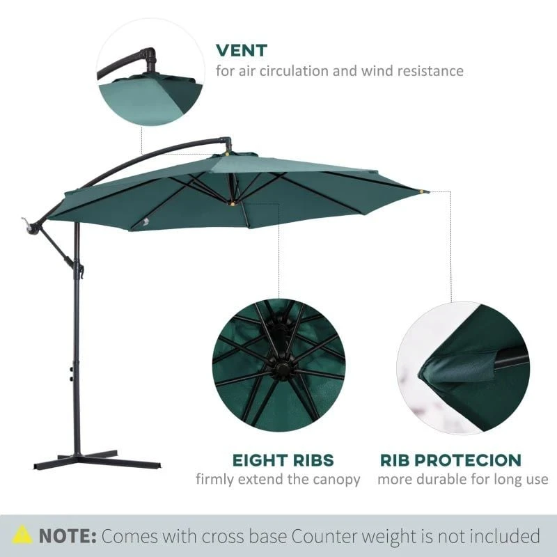 Outsunny 3m Banana Cantilever Parasol With Crank Handle And Cross Base - Dark Green - 84D-037GN - Image 8