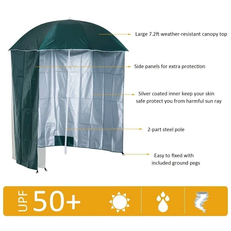 Outsunny 2.2m Fishing Umbrella Parasol With Side - Dark Green - 84D-038GN - Image 8