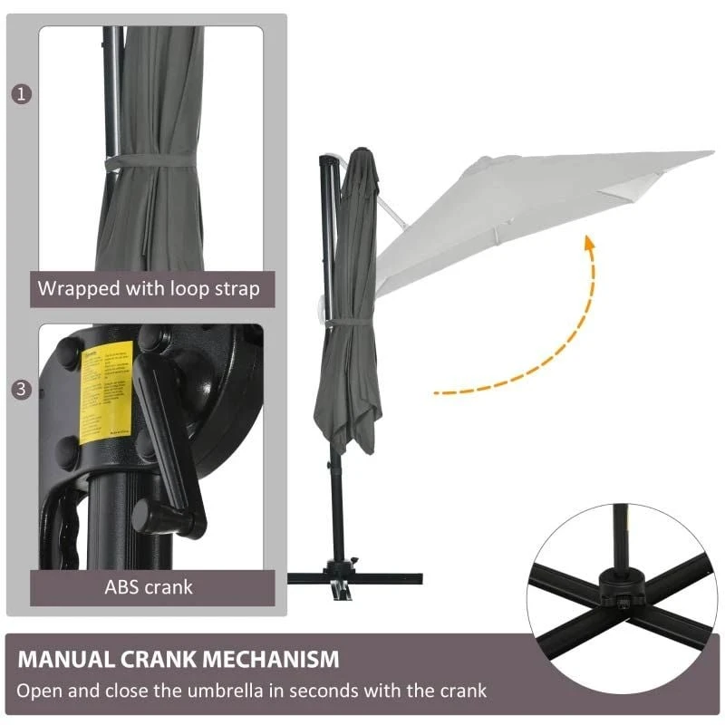 Outsunny 2.5 X 2.5m Offset Cantilever Parasol Hanging 360° Rotation With Crank Handle And Cross Base - Grey - 84D-051V00GY - Image 6