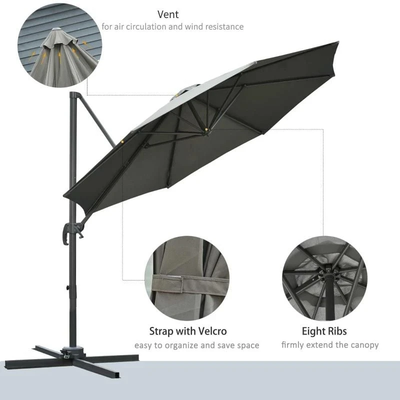 Outsunny 3m Cantilever Hanging Offset Parasol 360° Rotation With Base - Dark Grey - 84D-065CG - Image 7