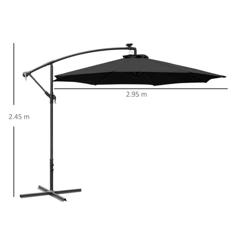 Outsunny 3m LED Banana Cantilever Parasol With Crank Cross Base - Black - 84D-066BK - Image 9
