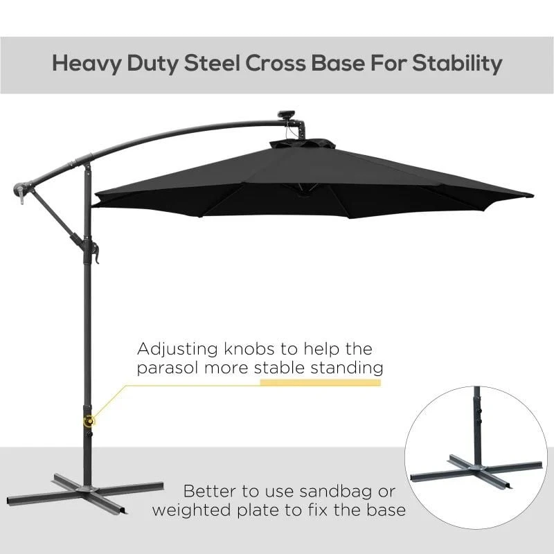 Outsunny 3m LED Banana Cantilever Parasol With Crank Cross Base - Black - 84D-066BK - Image 8