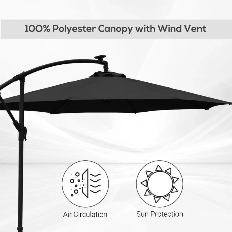 Outsunny 3m LED Banana Cantilever Parasol With Crank Cross Base - Black - 84D-066BK - Image 7