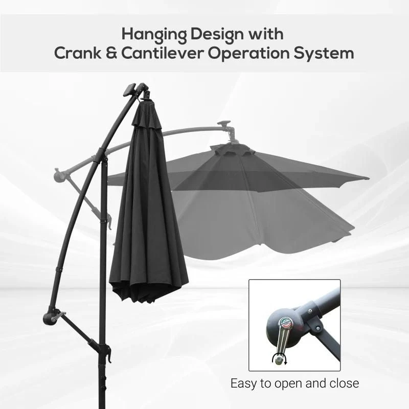 Outsunny 3m LED Banana Cantilever Parasol With Crank Cross Base - Black - 84D-066BK - Image 6