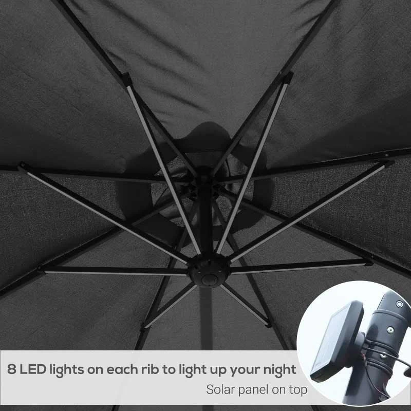 Outsunny 3m LED Banana Cantilever Parasol With Crank Cross Base - Black - 84D-066BK - Image 5