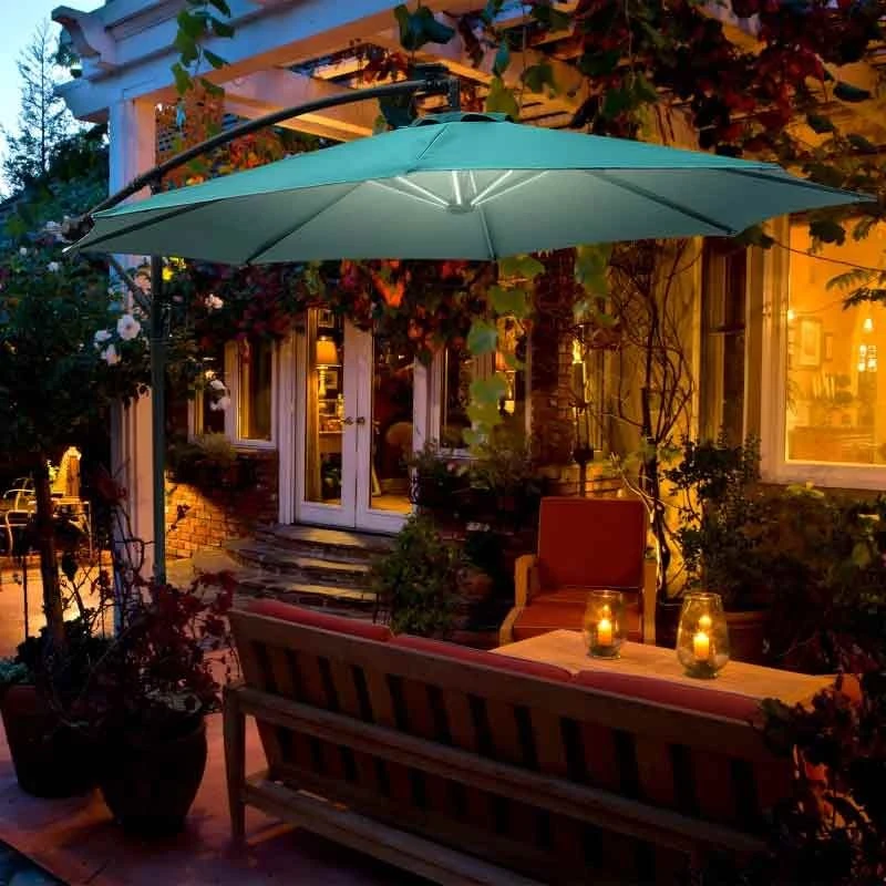 Outsunny 3m LED Patio Banana Umbrella Cantilever Parasol With Crank Cross Base - Green - 84D-066GN - Image 10